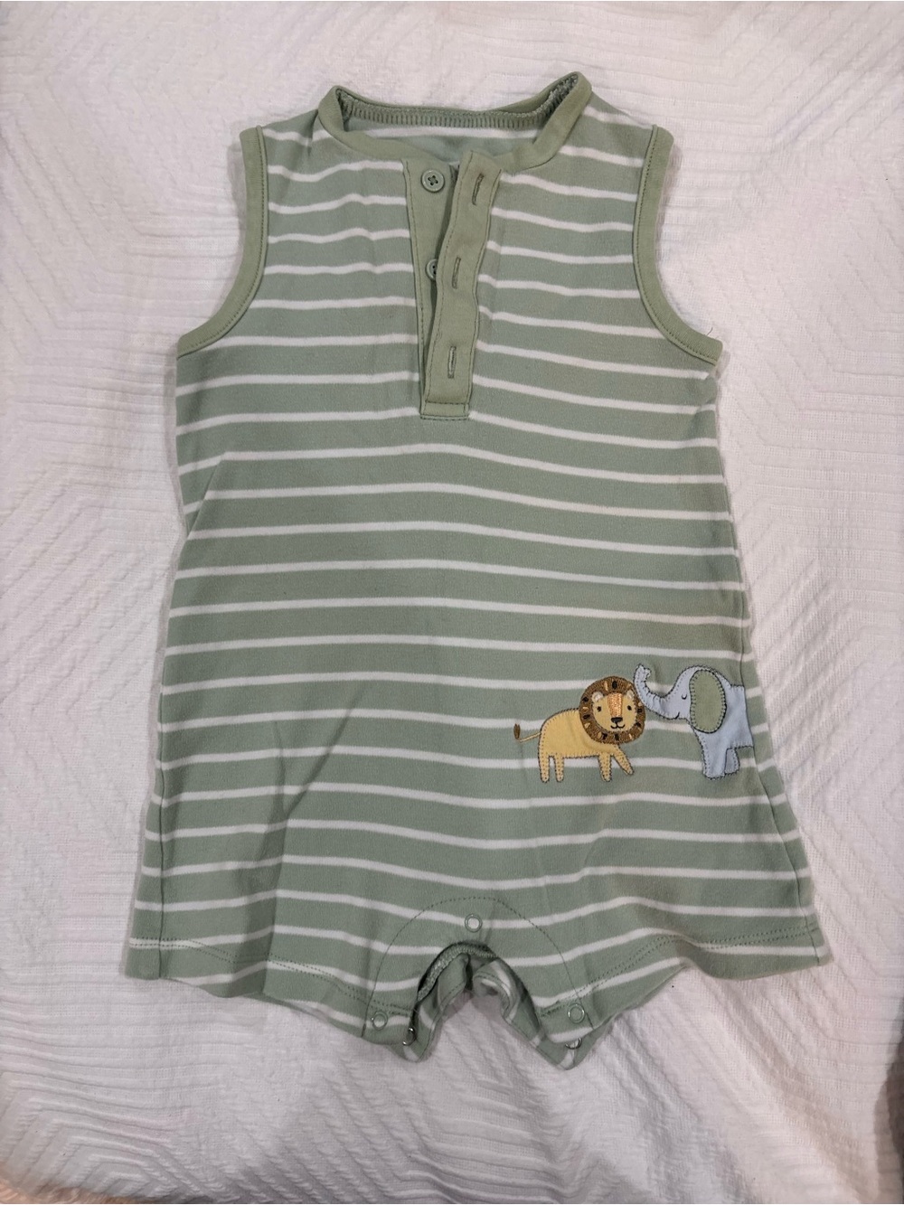Little Me Green & White Striped Sleeveless Baby Romper with Lion and Elephant